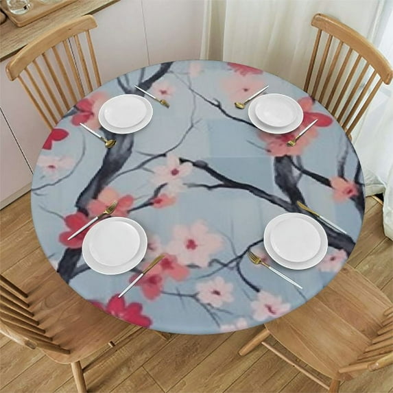 JEUXUS Round Tablecloth Flowers Floral Plum Blossom Table Cloth for Circular Table Cover Heat-Resistant Washable Polyester for Dining Wedding Party Christmas