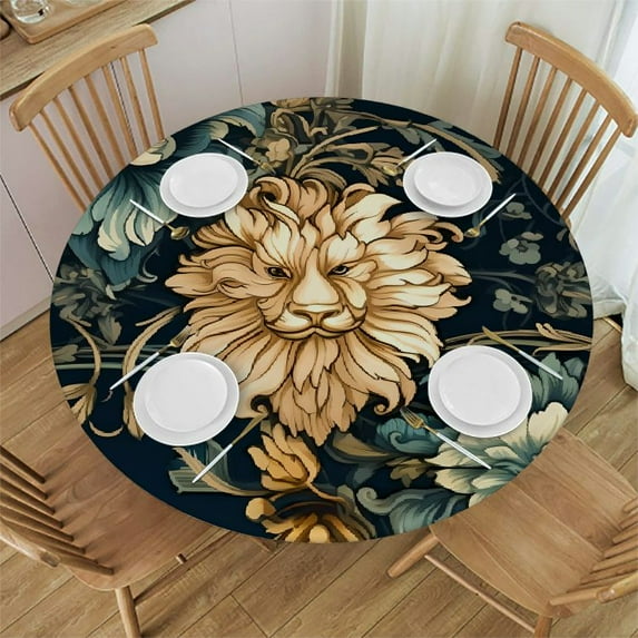 JEUXUS Round Tablecloth Full-Width Single-Sided Printing Tree Lion White