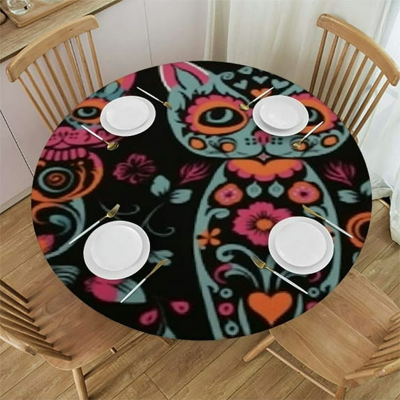 JEUXUS Round Tablecloth Skeleton Cat Kitten Fitted Elastic Waterproof Wipeable Table Cloth Cover Decorations Table Pad Cover for lndoor Outdoor-Medium