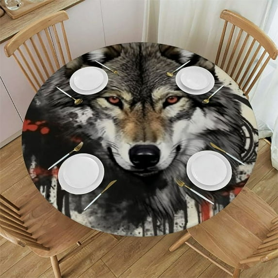 JEUXUS Round Tablecloth Wolf Eagle Fitted Elastic Waterproof Wipeable Table Cloth Cover Decorations Table Pad Cover for lndoor Outdoor-Medium
