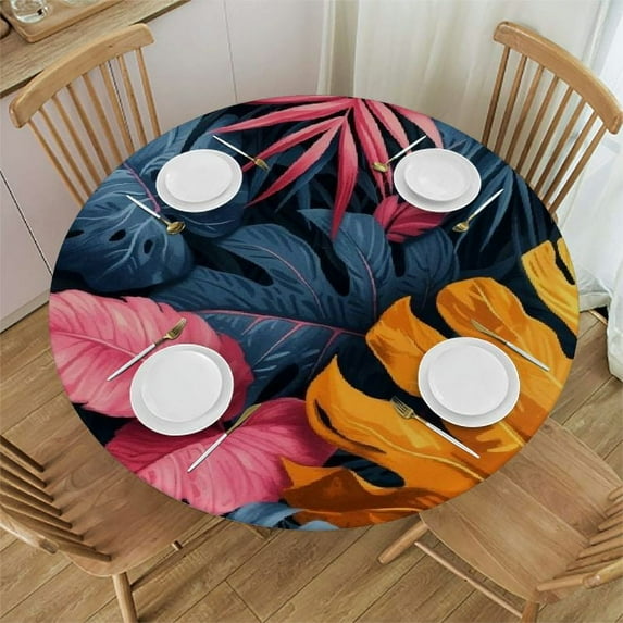JEUXUS Round Tablecloth for Picnic Dining Kitchen Farmhouse Palm Leaves with Lush Branches and Leaves White