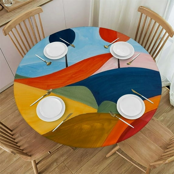 JEUXUS Round Tablecloth with Elastic Edge - Abstract Scenery Design - Perfect Table Decoration - Multiple Sizes - Machine Washable White