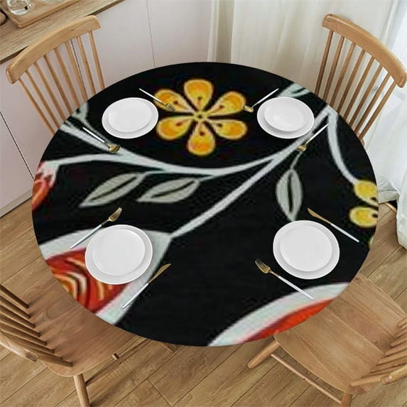 RUIYC Round Vinyl Fitted Tablecloth with Flannel Backing Elastic Table Cloth Waterproof Oil-Proof Plastic Table Cover Cute Easter Rabbits Round Tablecloth White