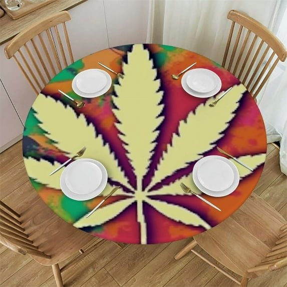 JEUXUS Round Waterproof Table Cover Elastic Edged Tablecloth for Circle Tables Kitchen Dining Party Picnic Decor - Mariju-Ana Cannabis Leaf Vintage
