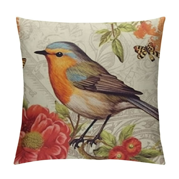 JEUXUS  Rustic Animal Bird Throw Pillow Covers Vintage Robin Bird Home Decorative Pillow Case Farmhouse Cushion Cover