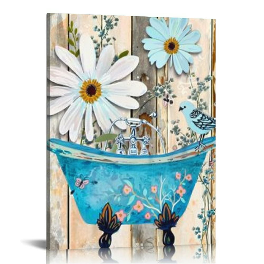JEUXUS Rustic Blue Bathroom Wall Art White Daisy Flowers in Bathtub