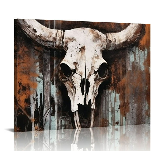 JEUXUS Rustic Brown Longhorn Cow Skull Painting Giclee Canvas Prints Art Retro Western Farmhouse Theme Picture Vintage Artwork for Home Living Room Bedroom Wall Decoration Ready to Hang 16x12in