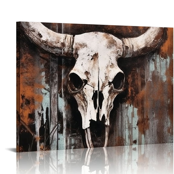 JEUXUS Rustic Brown Longhorn Cow Skull Painting Giclee Canvas Prints Art Retro Western Farmhouse Theme Picture Vintage Artwork for Home Living Room Bedroom Wall Decoration Ready to Hang 20x16in