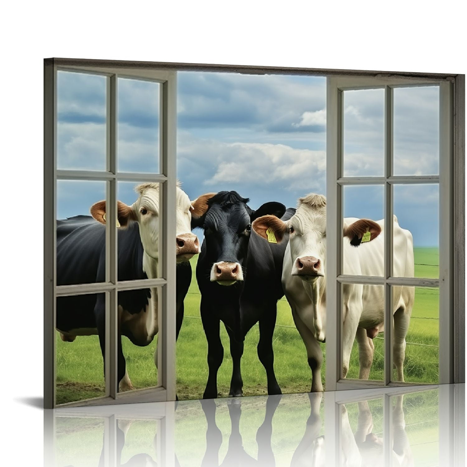 JEUXUS Rustic Cow Wall Art Funny Cows Window Pictures Wall Decor