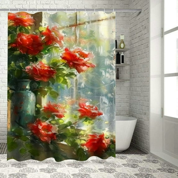 JEUXUS Rustic Farmhouse Rose Flower Shower Curtain for Bathroom Decoration White