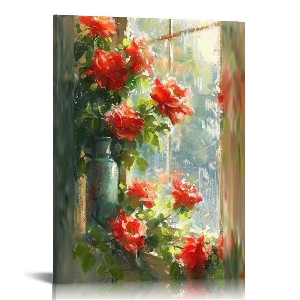 JEUXUS Rustic Farmhouse Wall Decor Rose Flower Painting on Canvas