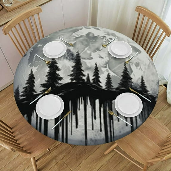 JEUXUS Rustic Full Moon Tablecloth Round Tablecloths for Circular Table Cover with Forest Tree Silhouette Print Pattern,Great for Parties,Weddings,Kitchen,Resistant Table Cover