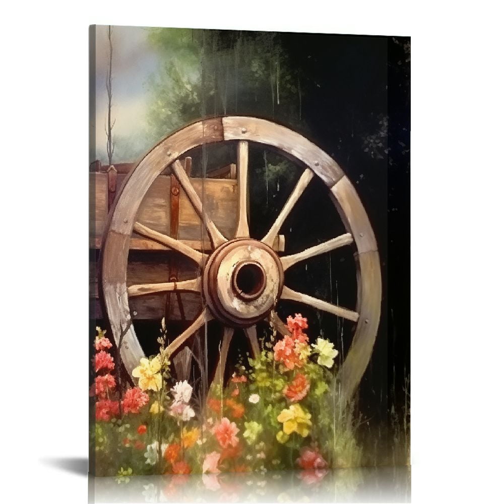 JEUXUS Rustic Western Wall Art Decor Vintage Wheel Painting Canvas