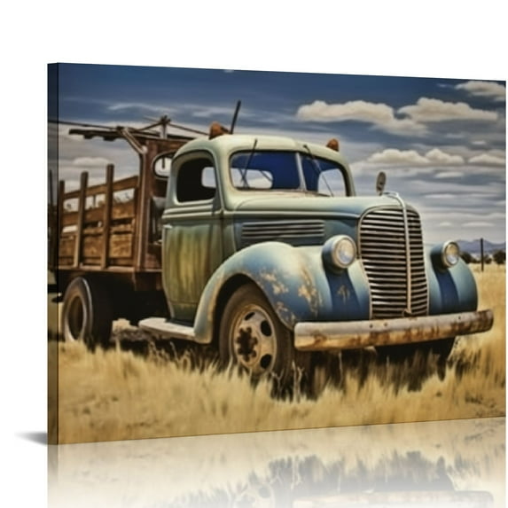 JEUXUS  Rusty Truck Canvas Wall Art - Vintage Blue Car Pictures Living Room Decor - Country Style Artwork Framed Posters Paintings