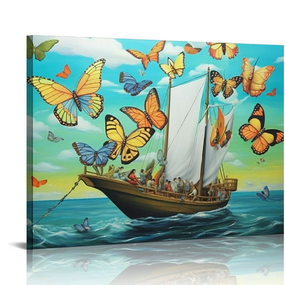JEUXUS Salvador Dali Wall Art Prints - Ship With Butterfly Sails Canvas Poster - Vintage Surrealism Painting Abstract Aesthetic Wall Decor for Living Room Bathroom Bedroom Butterfly Pictures (Ship