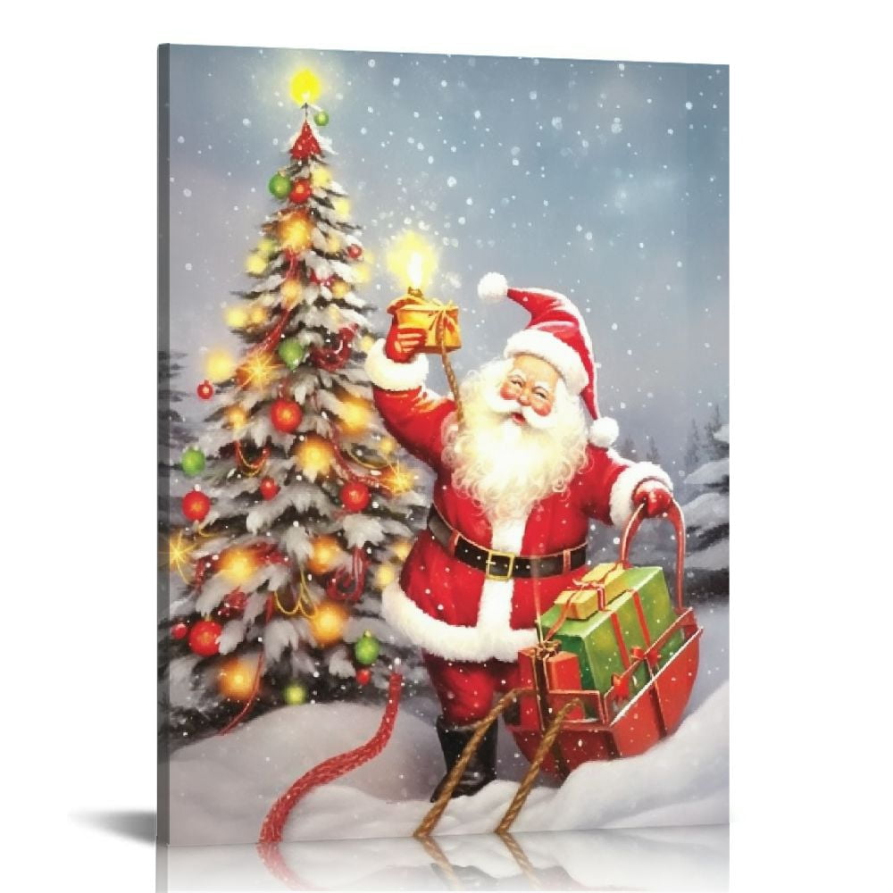 JEUXUS Santa Tree Christmas Canvas Wall Art Print 12" x 16" With Timer