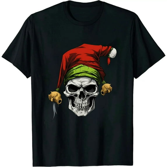 JEUXUS Santa's Elf Skull Hat Funny Christmas Holiday T-Shirt