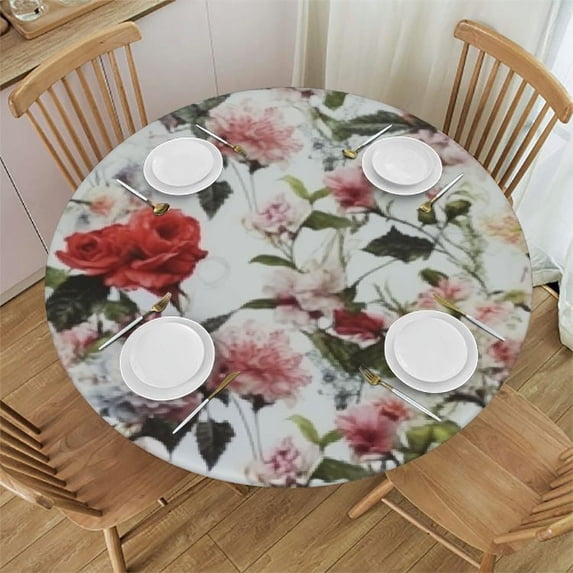 JEUXUS Shabby Flora pattern Round table cover,waterproof fabric decorative,durable Reusable table clothes,Wipeable Spill proof for kitchen dining dinner shower parties,Dark Coral Maroon Cream Green