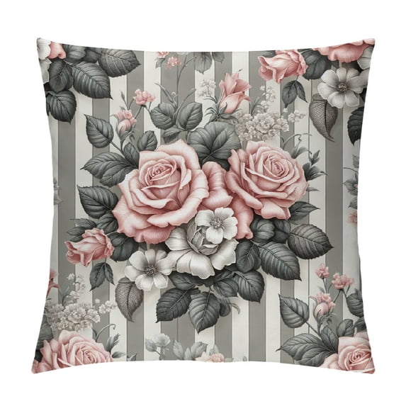 JEUXUS Short Plush Pink Gray Floral Flower Rose Super Soft Pillowcase White