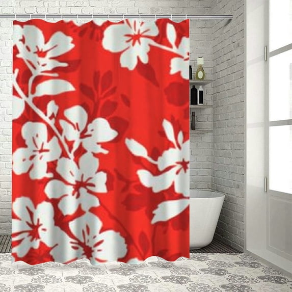 JEUXUS Shower Curtain Aloha Hawaiian Flora Hibiscus Red, Multiple Sizes White