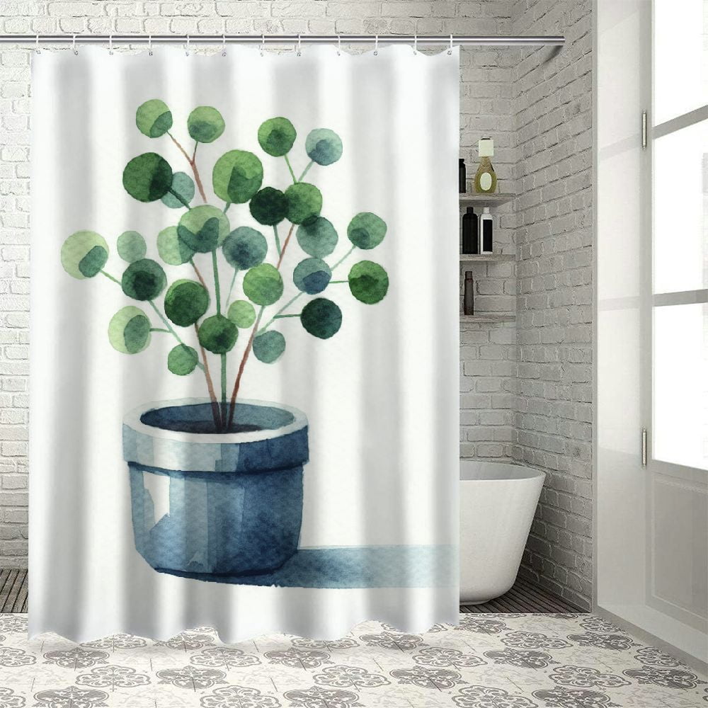 JEUXUS Shower Curtain Botanical Green Plant Watercolor Design White