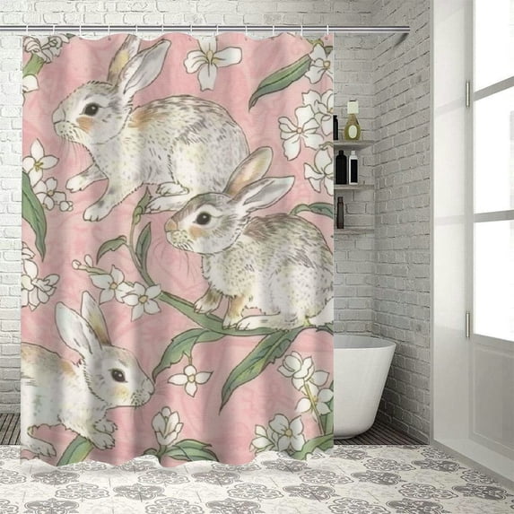 JEUXUS Shower Curtain Set Cute Bunny with Lilies Multiple Sizes White