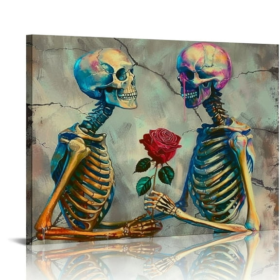 JEUXUS  Skull Wall Art Canvas Abstract Romantic Skeleton Lover Painting Pictures Art Prints Vintage Skull Decorations for Living Room Gallery Canvas Wrapped Ready to Hang