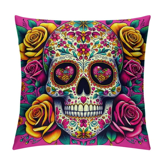 JEUXUS Skull and Roses High-Quality Short Plush Pillowcase White