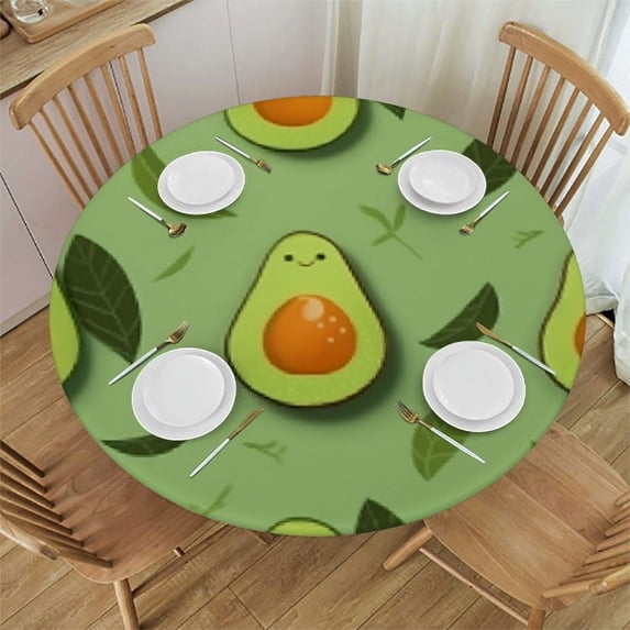 JEUXUS Sliced Avocado Round Fitted Tablecloth, Waterproof Round Table Cloth with Elastic Edged Washable Table Cover for Indoor Outdoor Fits Tables, Small