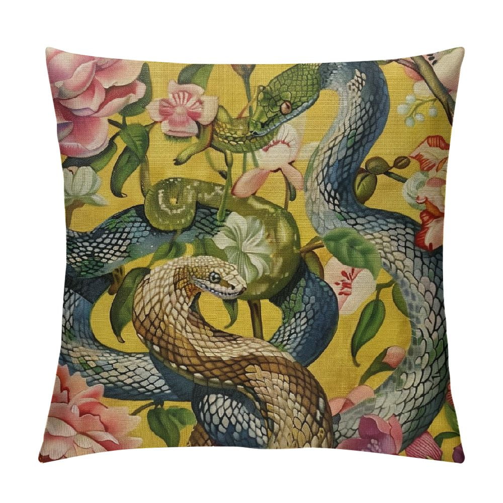 JEUXUS Snake Pillow Case Chrysanthemum Flowers Leaves Animal Snakes