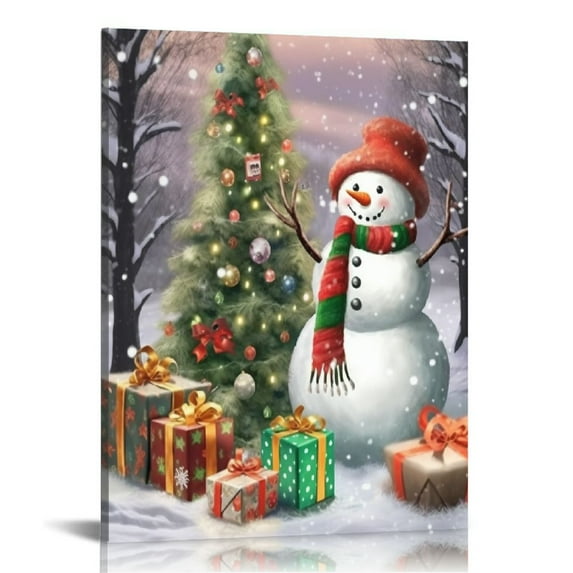 JEUXUS Snowman Pictures Decor Wall Art Holly Christmas Tree Winter Poster Canvas Print for Bathroom Kids New Year Gift 16x20 in