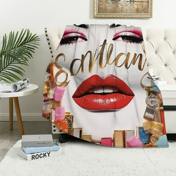 JEUXUS Soft Warm Throw Blanket for Couch Sofa and Bed Red Lip Art Pink Lips Painting with Quote Kiss
