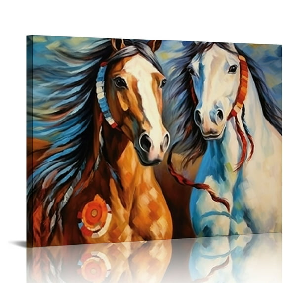 JEUXUS Spirit Indian War Horses Wall Art Canvas Prints Colorful Abstract Animal Paintings Modern HD Printed Oil Painting Home Decor Pictures for Living Room Bedroom Office Wooden 20x16in