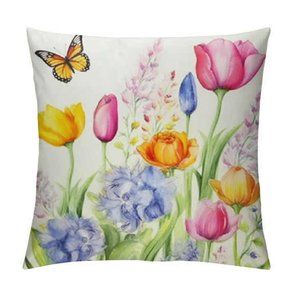 JEUXUS Spring Floral Pillow Cover,Tulips Lavender Flower Butterfly Throw Pillows Case Farmhouse Decorative Square Cushion Covers for Indoor Outdoor Couch Bed