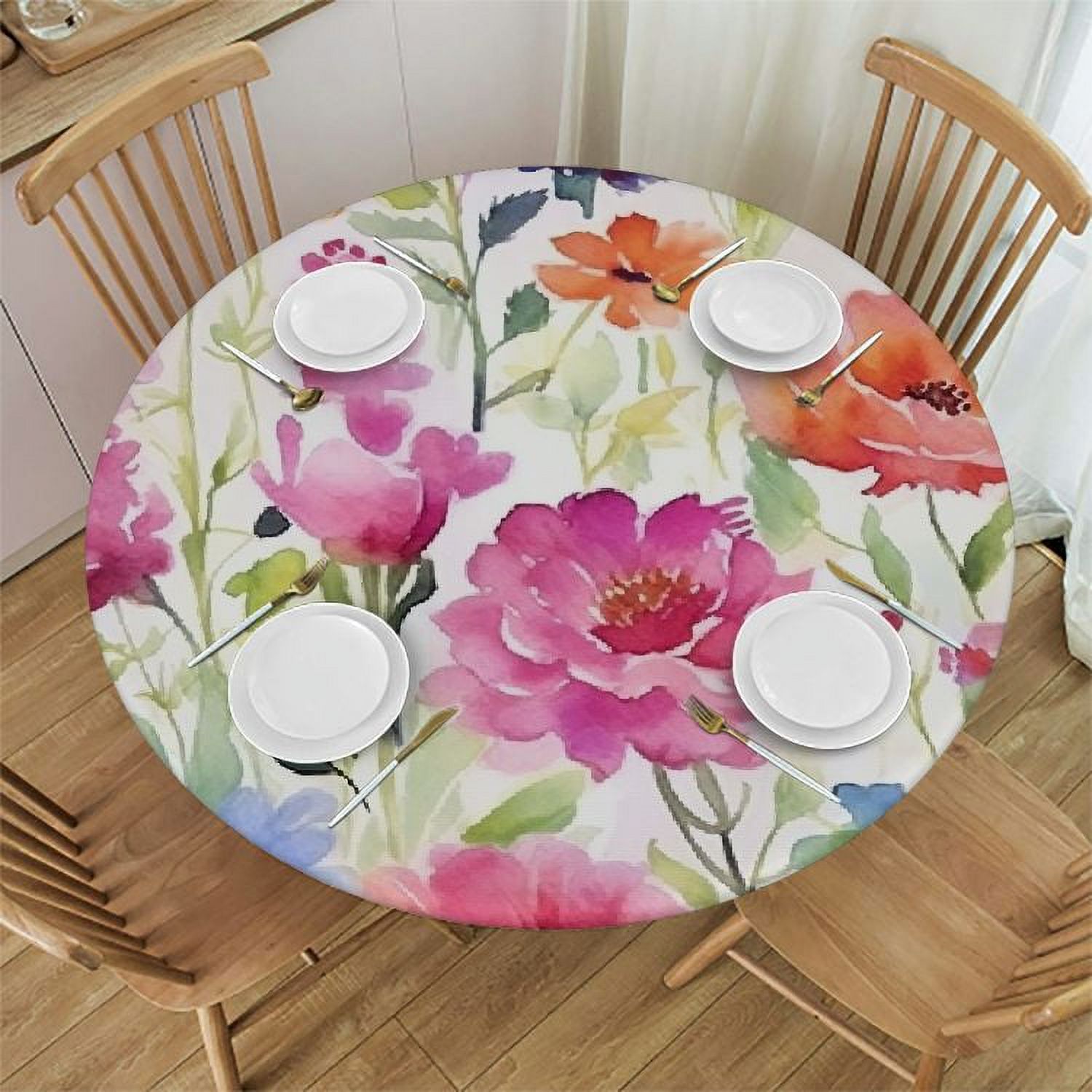 JEUXUS Spring Floral Round Fitted Tablecloth with Elastic Edge Floral