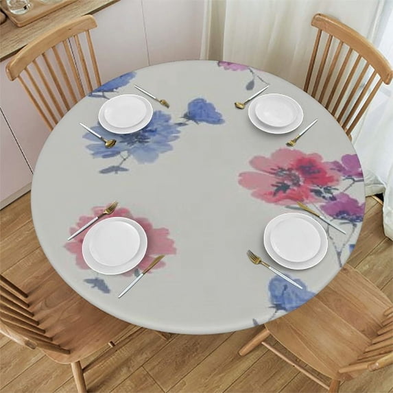 JEUXUS Spring Floral Table Cloth Round Pink Blue White Flowers Tablecloth Spring Decor Washable Stain and Resistant Round Table Cover for Dining Party Picnic White