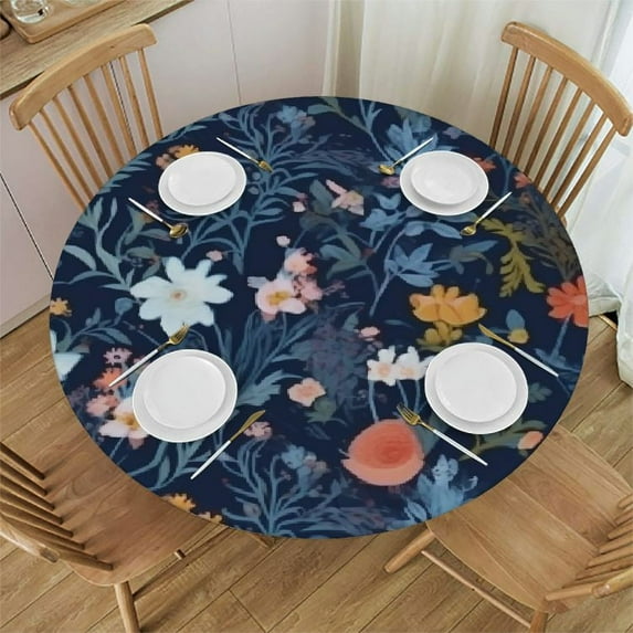 JEUXUS Spring Floral Tablecloth Round Farmhouse Navy Blue Background Wildflower Round Tablecloth Polyester Washable Table Cover Table Cloth for Kitchen Dining Room Picnic Patio Party