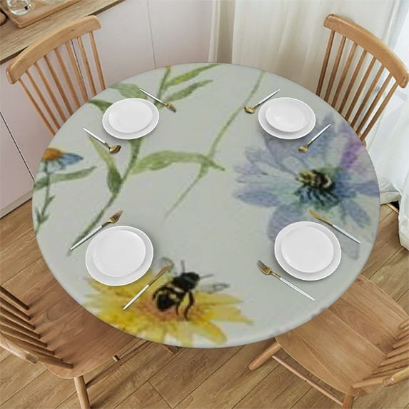 JEUXUS Spring Floral Tablecloth Round Summer Wildflower Butterfly Table Cloth Rustic Farmhouse Tablecloth Polyester Farmhouse Table Cover for Dining Room Party Spring Summer Easter Home Decor White