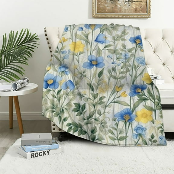 JEUXUS  Spring Floral Throw Blanket, Blue and Yellow Watercolor Floral Throw Blanket for Couch, Farmhouse FlowersSoft and Warm Throw Blanket for Women Girls
