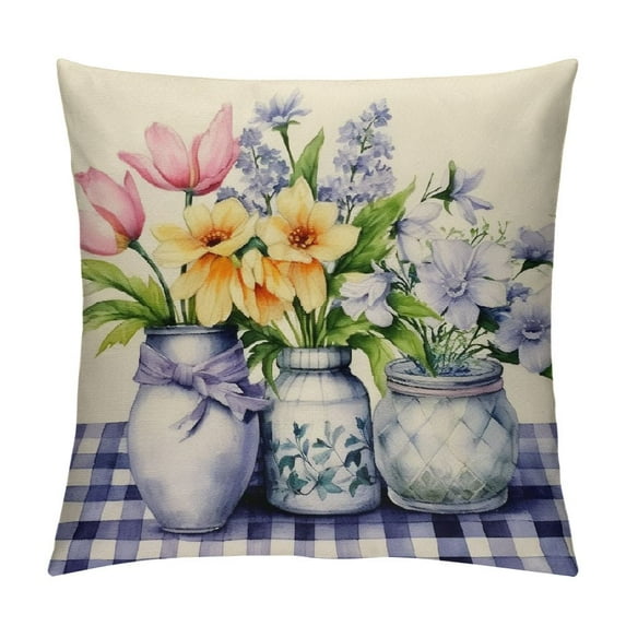 RUIYC Spring Pillow Covers , Gray Buffalo Lavender Tulip Floral Decorative Throw Pillow Covers for Flower Purple Farmhouse Cushion Case for Couch Sofa Spring Decor