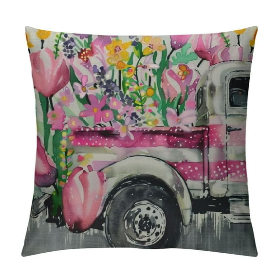 JEUXUS Spring Pillow Covers Pink Farmhouse Throw Pillowcases Tulip Flower Vase Truck for Spring Home Outdoor Decor Sofa Living Room Decorative