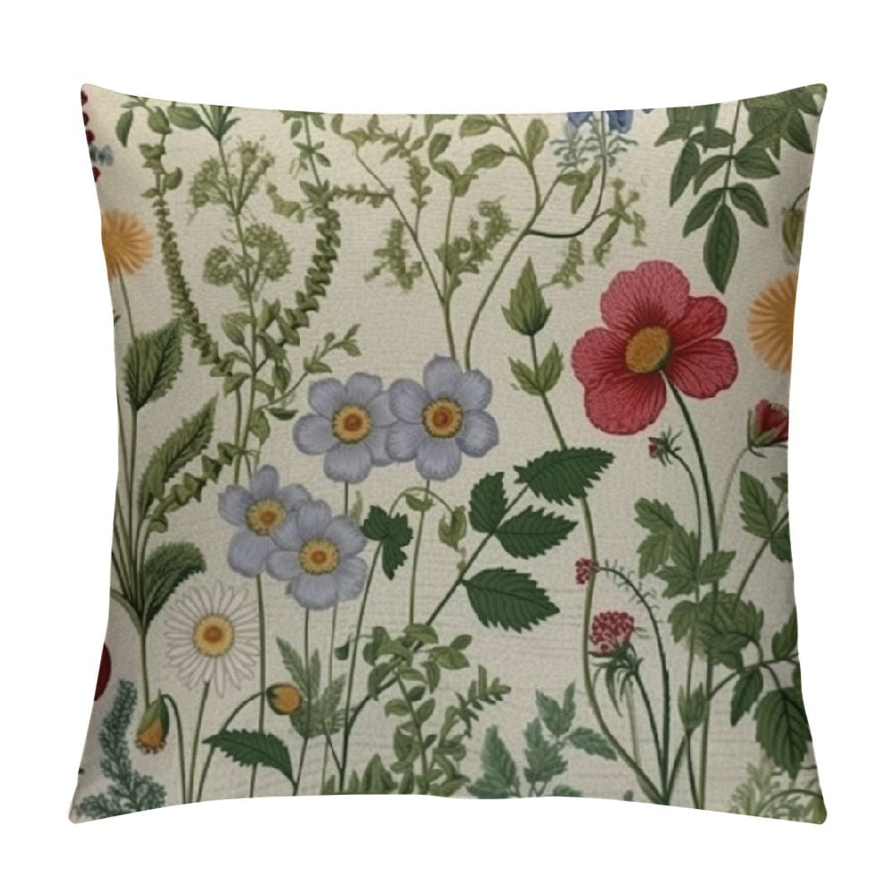 JEUXUS Spring Pillow Covers, Sage Green Herb Wild Floral Decorative Outdoor Throw Pillows Green