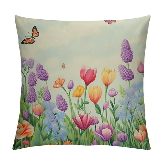 JEUXUS Spring Pillow Covers Watercolor Tulip Lavender Butterfly Farmhouse Throw Pillow Covers Flowers Decorative Mother's Day Pillowcase Spring Decor for Home Couch Sofa Outdoor