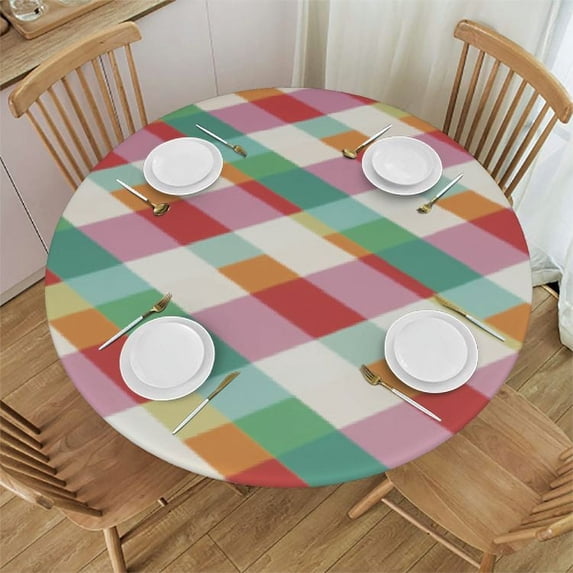 JEUXUS Spring Plaid Easter Tablecloth Round Pink Blue Green Checked Table Cloth Waterproof Washable Polyester Table Cover for Kitchen Dining Table Picnic Easter Party Decorations White