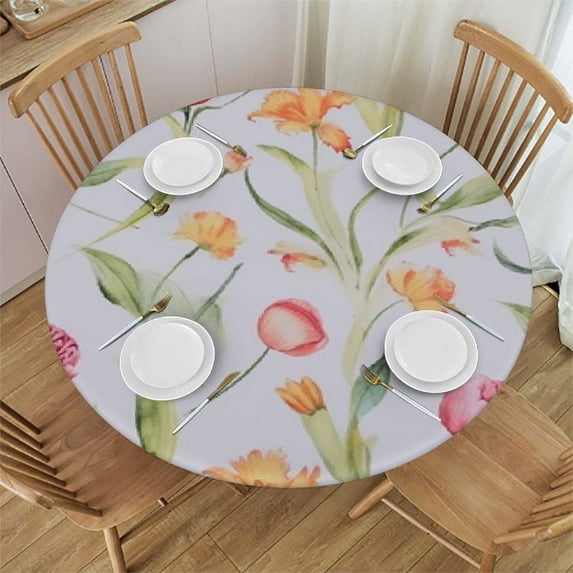 JEUXUS Spring Round Fitted Tablecloth Stretch Spandex Table Cover with Elastic Edge Tulip Floral Table Cloth for Summer Party Dining Home Picnic