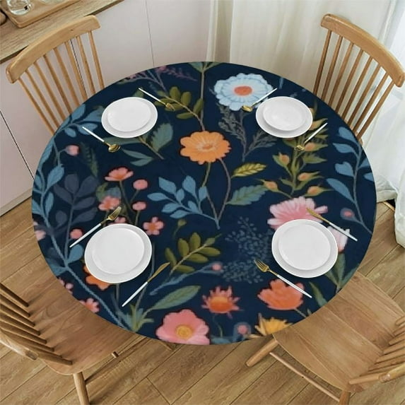 JEUXUS Spring Summer Floral Table cover Round Farmhouse Navy Blue Background Wildflower Round Table cover Polyester Washable Table Cover for Kitchen Dining Room Picnic Patio Party