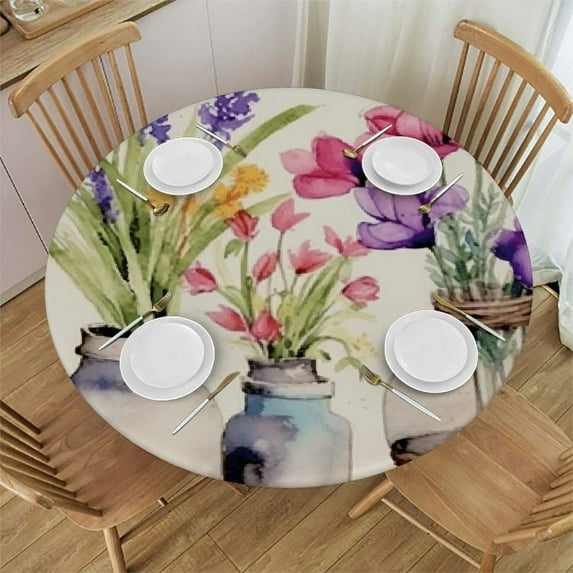 JEUXUS Spring Summer Tablecloth Easter Watercolor Tulip Lavender Hydrangea Vase Blooming Floral Table Cover for Party Picnic Dinner Decor