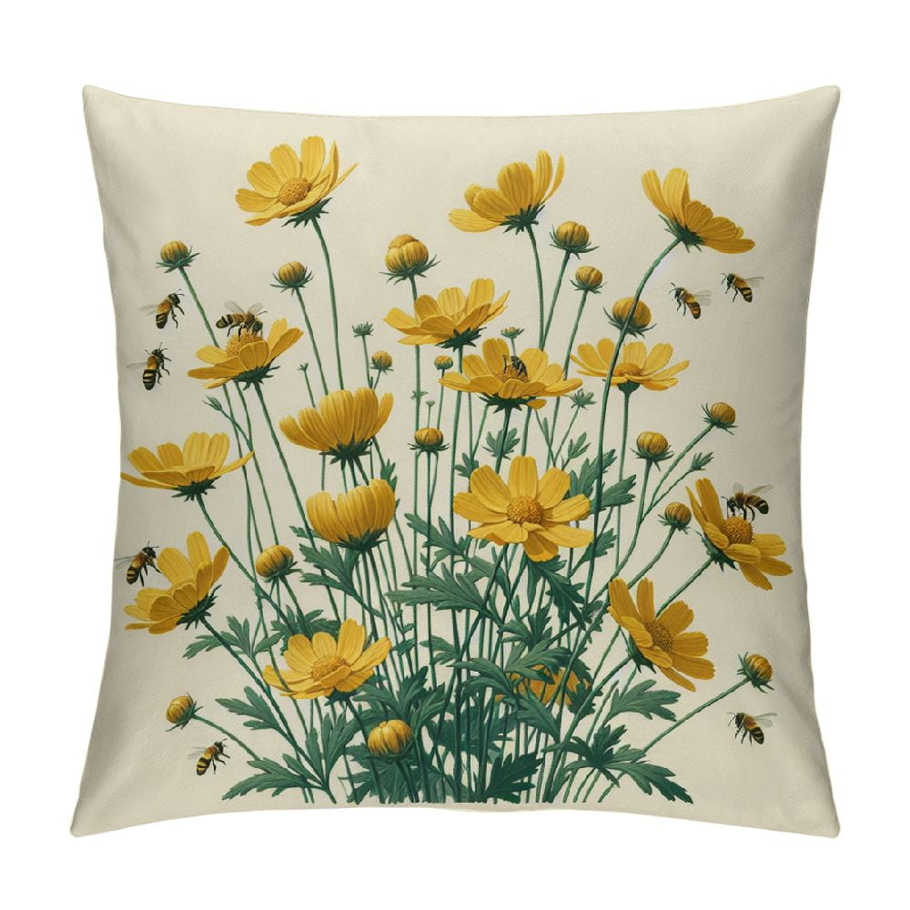 JEUXUS Spring Summer Throw Pillow Covers Yellow Flowers Coreopsis Bee Decorative Pillow Cases