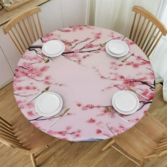 JEUXUS Spring Tablecloth Round Japanese Cherry Blossom Tree Table Cloth Washable Spring Vintage Pink Flower Decorative Outdoor Table Cover for Dining Room Kitchen Holiday Party Picnic Home Decor