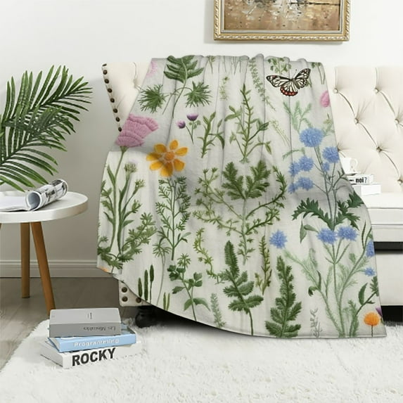 JEUXUS Spring Throw Blanket Wildflowers Butterfly Blanket Green Wild Flower Plant Blankets Vintage Herbs Blanket Colorful Wild Flowers Printed Flannel Blanket for Bed Sofa Chair